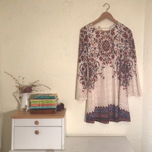 Cream Lace Dress with Blue and Red, Bell Sleeves
